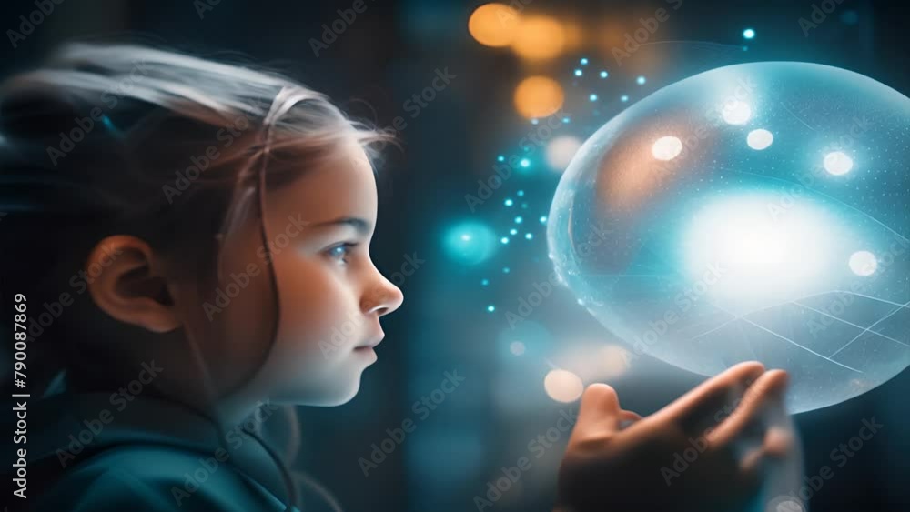 Poster a model child communicate with a robot, with virtual or robot. a future technology concept