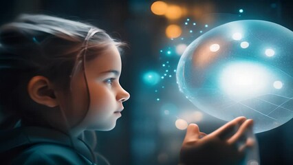 A model child communicate with a robot, with virtual or robot. A future technology concept