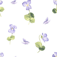 Flowers Violet Seamless pattern. Watercolor garden pansy. Hand drawn illustration of spring blossom. Meadow wild plant Viola. Botanical drawing template for wallpaper, scrapbooking, wrapping, textile.