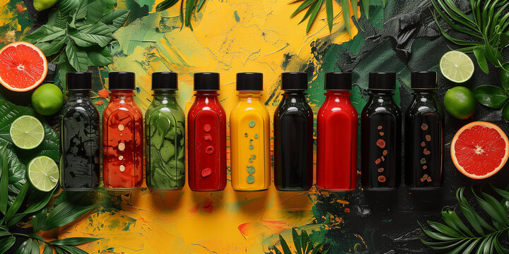 Collection of various juice bottles with colorful liquids inside banner juneteenth day