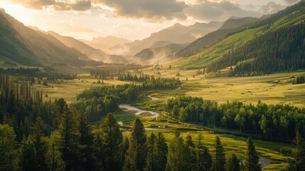A Beautiful Landscape of a Green Valley With Mountains and Trees