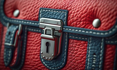 A detailed close-up view of a red purse with a lock.  - obrazy, fototapety, plakaty