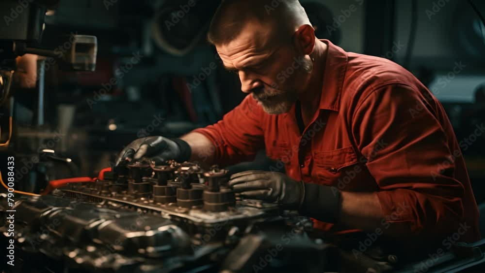 Poster mechanic working on a car, wearing a uniform and using tools, he focuses on fixing the car to ensure