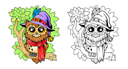 cute owl wizard, coloring book - 790088482