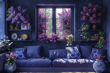 Living room abundantly filled with purple flowers lilac