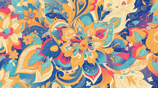 Experience the tranquil beauty of a calming pattern inspired by Mehndi design enriched with the vibrant ethnic colors of a doodle texture Set against a backdrop of gracefully curve