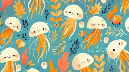 Embrace the whimsical charm of a pattern featuring adorable jellyfish and seaweed in a fun cartoon style This hand drawn illustration is ideal for adding a playful touch to your scr