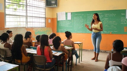 teacher in front of a classroom, imparting knowledge with passion and enthusiasm - obrazy, fototapety, plakaty