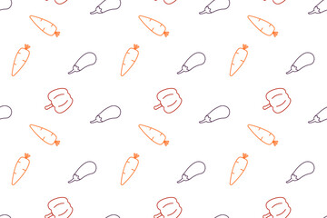 Seamless pattern with carrots, peppers, eggplant. For cover design, wrapping paper, background. Proper Nutrition. Vector design