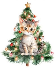 Obraz premium Christmas cute cat the background of a decorated New Year tree. art illustration