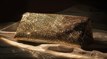 A shimmering gold clutch, ideal for fancy parties, representing luxury and sophistication.