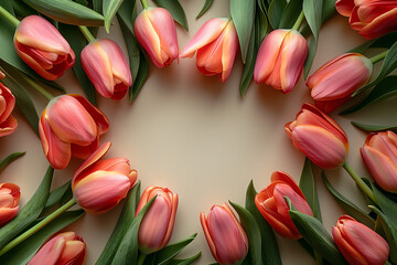 A group of pink tulips are carefully arranged in a circular pattern, creating a visually appealing display copy space