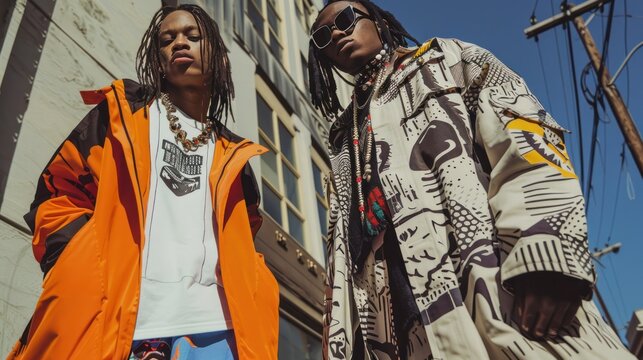 A streetwear style, blending urban fashion trends, bold graphics, and oversized fits