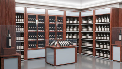 Wine store interior with wooden cabinets, showcases, wine bottles with blank labels. 3d illustration