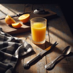 Glass of orange juice sits on wooden table in early morning light
