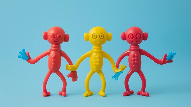 Rubberlike elasticity in a playful toy design, characters with stretchable arms and legs that bounce back, fun and tactile