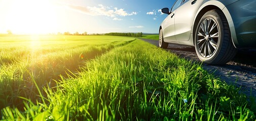 A car next to a vibrant green field, with direct sunlight on the tire - obrazy, fototapety, plakaty