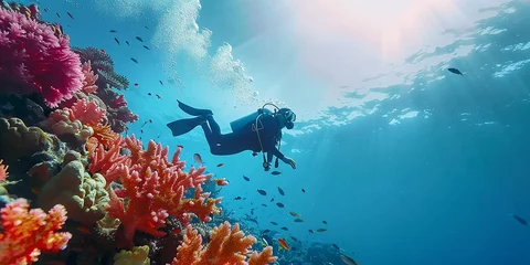 Tuinposter scuba diving in tropical ocean coral reef sea under water, scuba diver, diver, swim, caribbean, fiji, maldives, snorkel, marine life, aquatic, aqua blue, dive, travel, tourism  © Sajid Jani