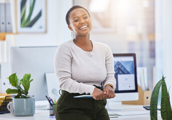 Portrait, business and happy black woman with tablet in office for career or job at startup in...