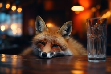 Obraz premium Drinking fox with alcohol in a pub.