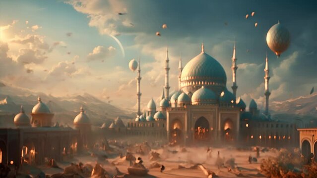 Eid Mubarak, Eid al-Fitr and Ramadan. Design of a holiday, an evening mosque with a crescent moon, a muslim, a festive table and a pattern for a greeting card, poster and background