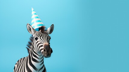 Fototapeta premium Funny zebra with birthday party hat on blue background.