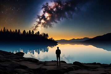 A silhouette of a person standing on a rocky shore of a calm lake at night with a clear view of the Milky Way and stars reflected in the water, surrounded by a forest and mountains in the background. - Powered by Adobe
