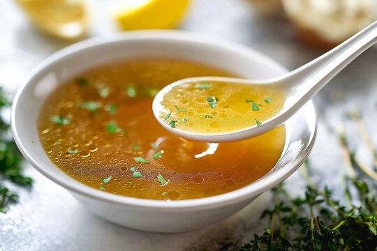 tasty and healthy hot chicken beef bone broth, soup in a white bowl