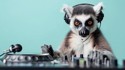 Obraz premium DJ lemur with headphones and turntable.