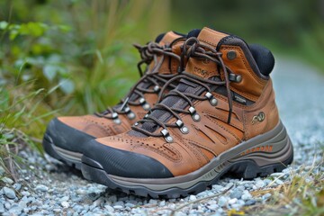 Brown hiking boot resting on a rock in natural landscape