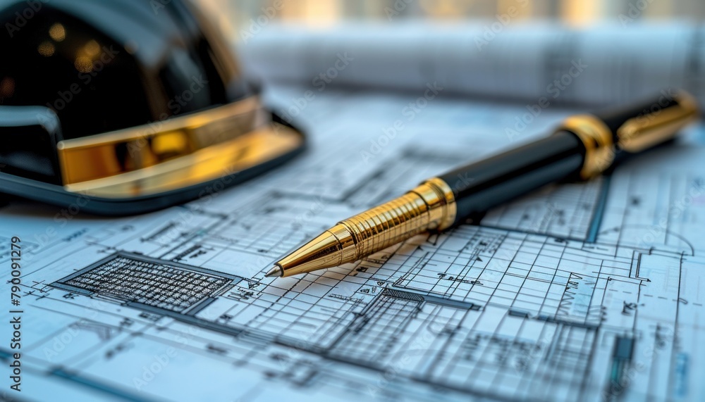 Poster a writing implement rests on a blueprint beside a hard hat