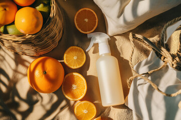 Fototapeta na wymiar Sunscreen on the beach sand, perfume bottle mockup with oranges, and a fishnet bag.