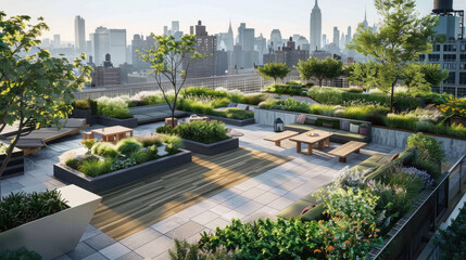 A rooftop garden on the roof of an apartment building in NYC, featuring comfortable seating areas with wooden benches and planters
