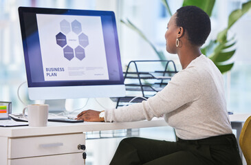Black woman, computer screen and business plan for digital marketing project, presentation or PPT...