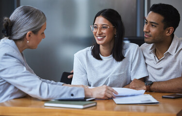Advisor, paperwork and couple discussion in office, meeting and life insurance broker for future...
