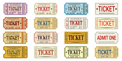 Obraz premium Set of retro admit one ticket to cinema, exhibition, museum, festival, theater isolated on white background, vector.