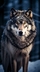 Obraz premium A majestic wolf standing in a snowy mountain landscape