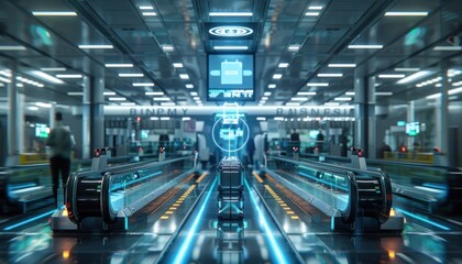 a futuristic airport with escalators and people walking down them - Powered by Adobe