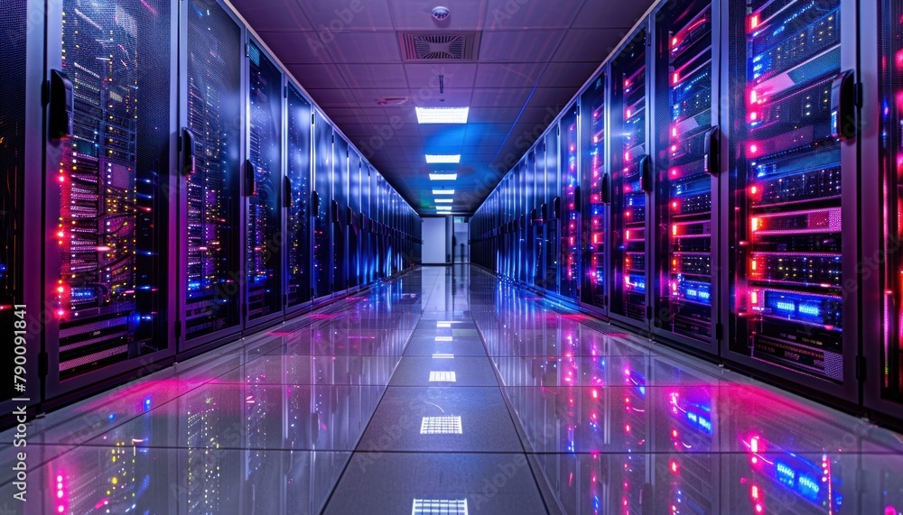 Poster data center with magenta light on servers, creating symmetry in the building