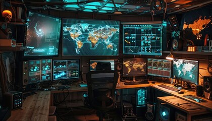 Entertainment room with computer monitors, world map display, set in darkness