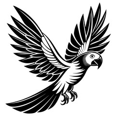 Parrot bird fly on white silhouette vector style with white and black solid color with vector and line art . 
silhouette black on white background, Looks clean silhouette vector style