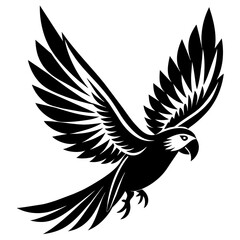 Parrot bird fly on white silhouette vector style with white and black solid color with vector and line art . 
silhouette black on white background, Looks clean silhouette vector style
