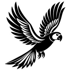 Parrot bird fly on white silhouette vector style with white and black solid color with vector and line art . 
silhouette black on white background, Looks clean silhouette vector style