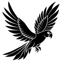 Parrot bird fly on white silhouette vector style with white and black solid color with vector and line art . 
silhouette black on white background, Looks clean silhouette vector style