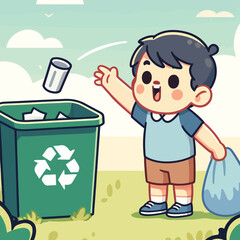 illustration of a child throwing trash in a trash bin