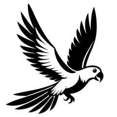 Parrot bird fly on white silhouette vector style with white and black solid color with vector and line art . 
silhouette black on white background, Looks clean silhouette vector style
