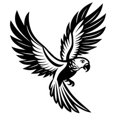 Parrot bird fly on white silhouette vector style with white and black solid color with vector and line art . 
silhouette black on white background, Looks clean silhouette vector style
