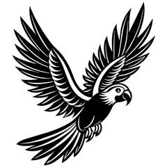 Parrot bird fly on white silhouette vector style with white and black solid color with vector and line art . 
silhouette black on white background, Looks clean silhouette vector style
