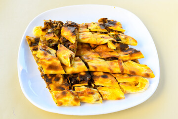 Kiymali pide. Turkish pide with minced meat. Turkish pizza mince pita Pide on white background. Etli ekmek. Kusbasi kasarli, kiymali kasarli, kiymali yumurtali, Bafra, Trabzon, Kusbasili pide.