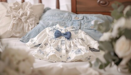 A baby dress with a blue bow rests on the wooden flooring of a room in a house